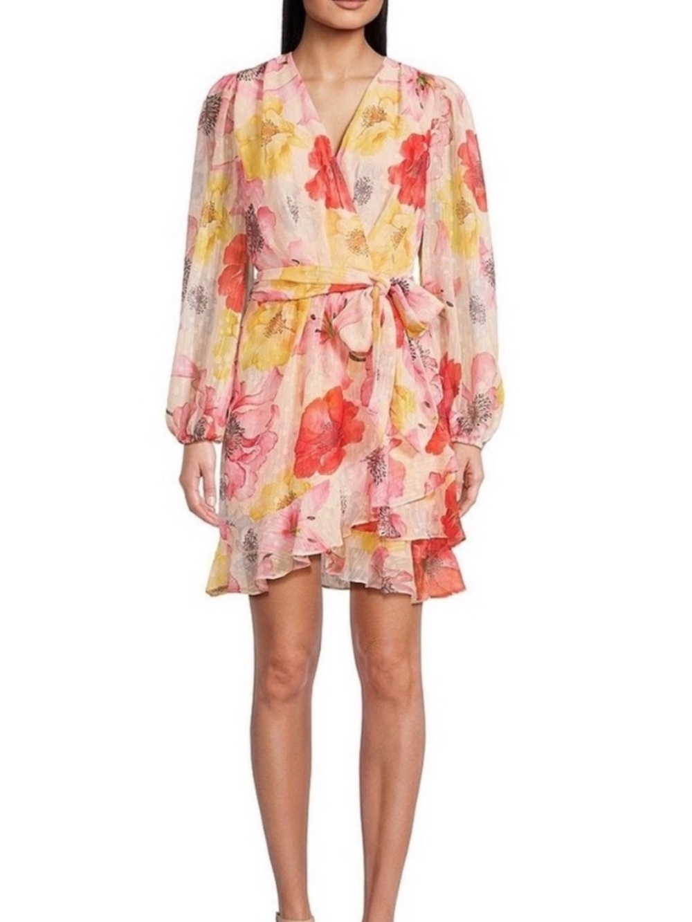 Alex Marie Pink and Yellow Floral Wrap Mini Dress - Size 18